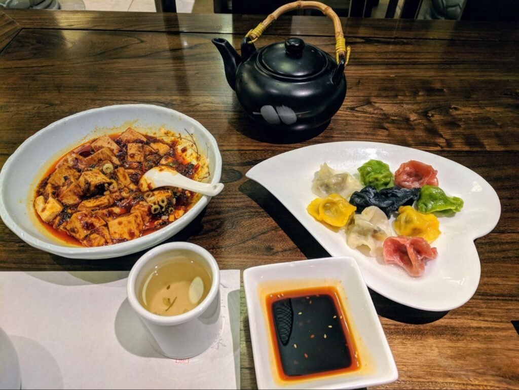 Tea served with mapo tofu and dumplings in Chengdu